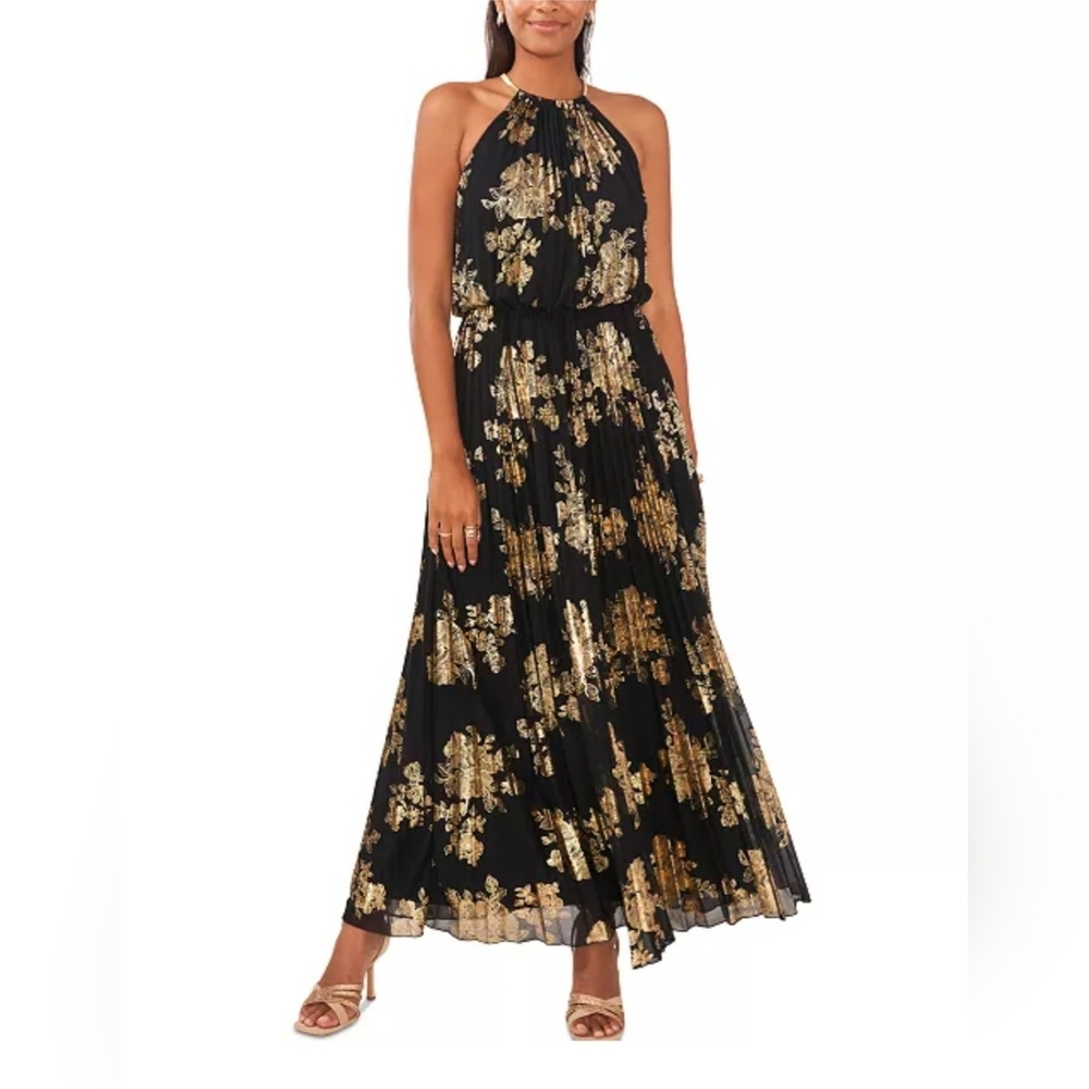 MSK Metallic-print Pleated Blouson Gown Black/Gold Size 14 EUC